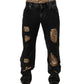 Black Distressed Cotton Straight Denim Jeans