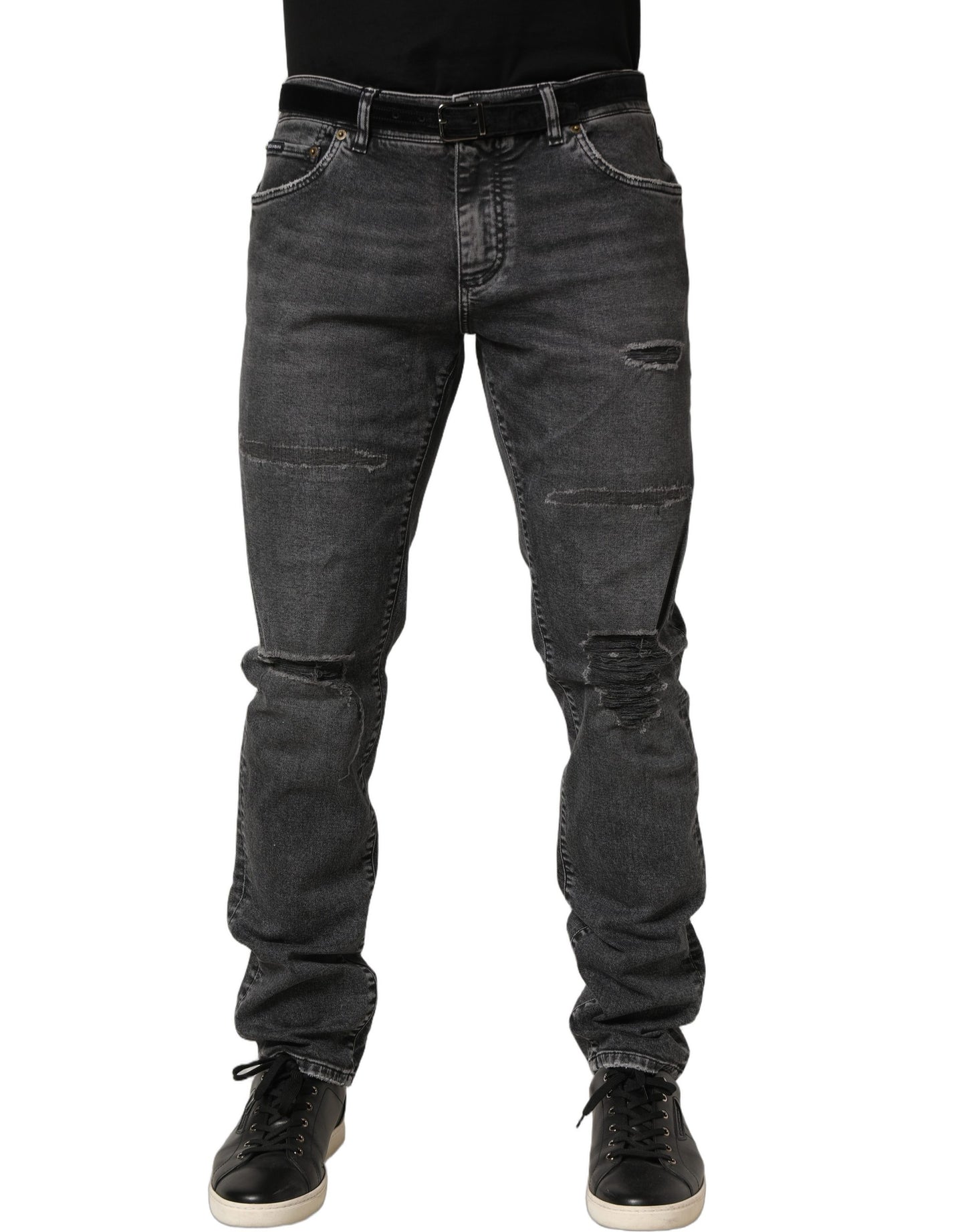 Dark Grey Distressed Mid Waist Denim Jeans