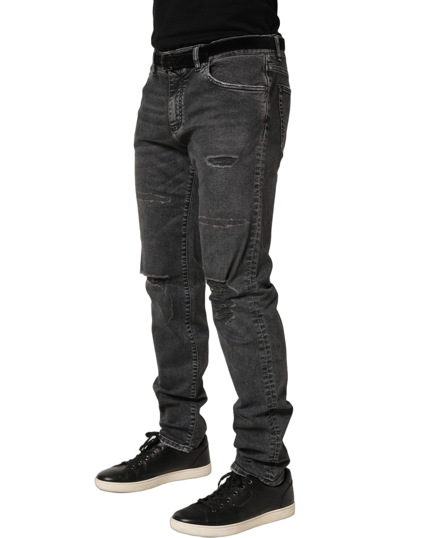 Dark Grey Distressed Mid Waist Denim Jeans