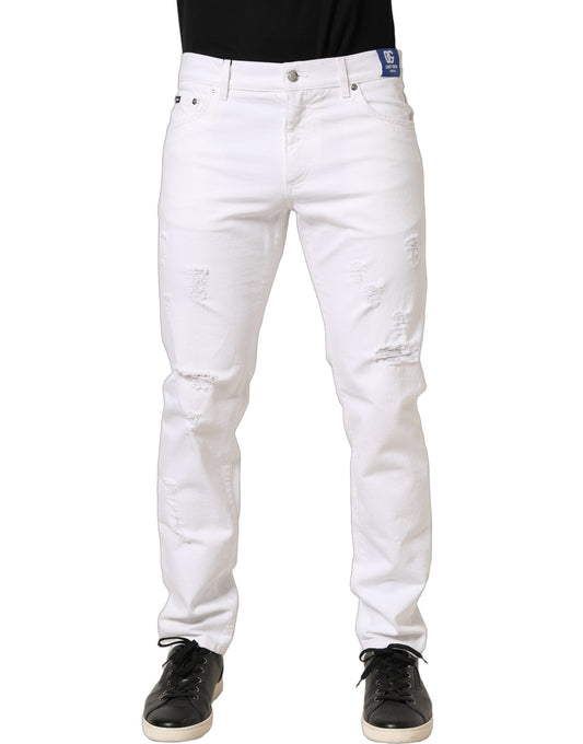 White Cotton Ripped Slim Fit Men Denim Jeans