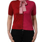 Pink Short Sleeves Buttoned Ascot Collar Top