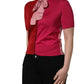 Pink Short Sleeves Buttoned Ascot Collar Top