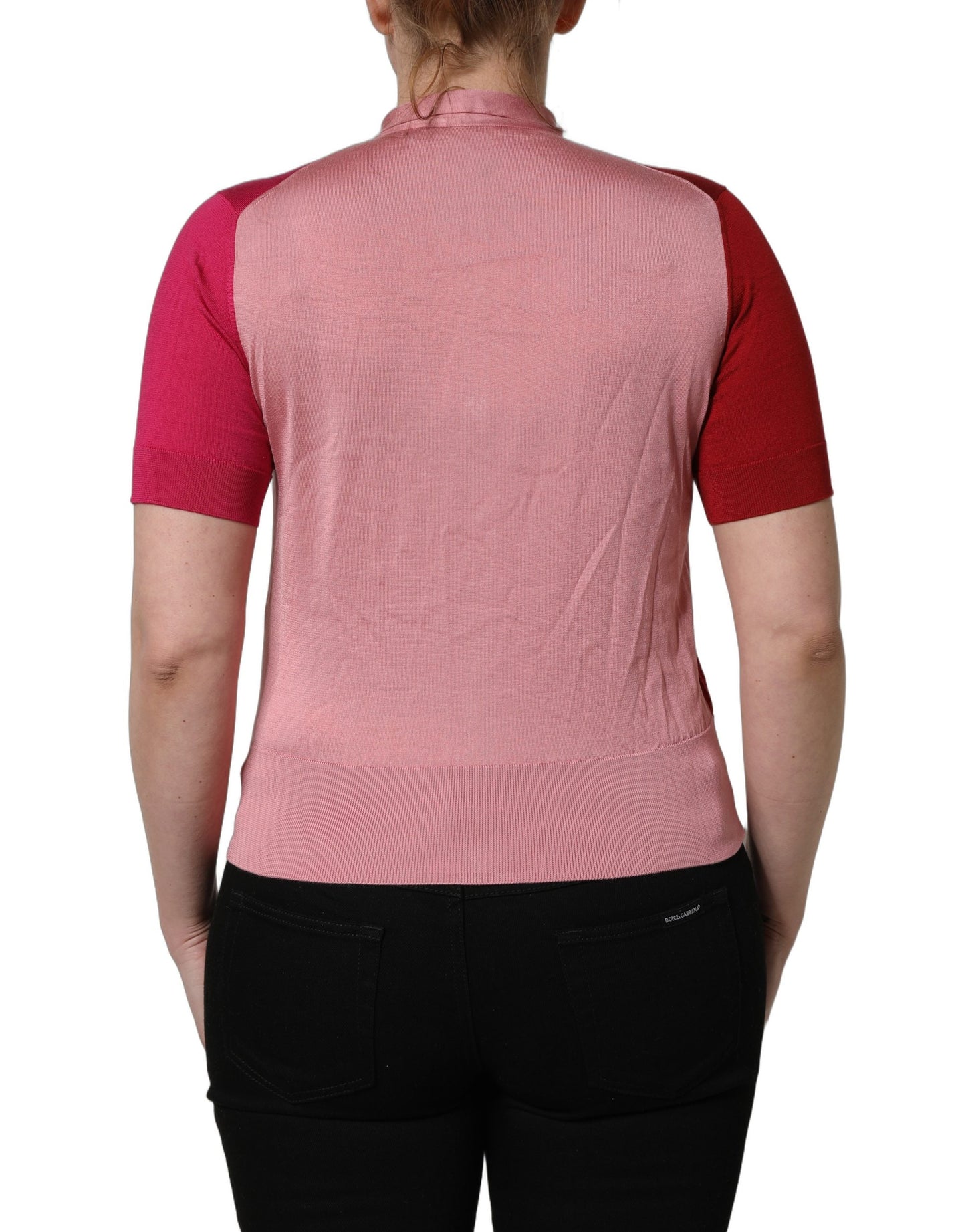 Pink Short Sleeves Buttoned Ascot Collar Top