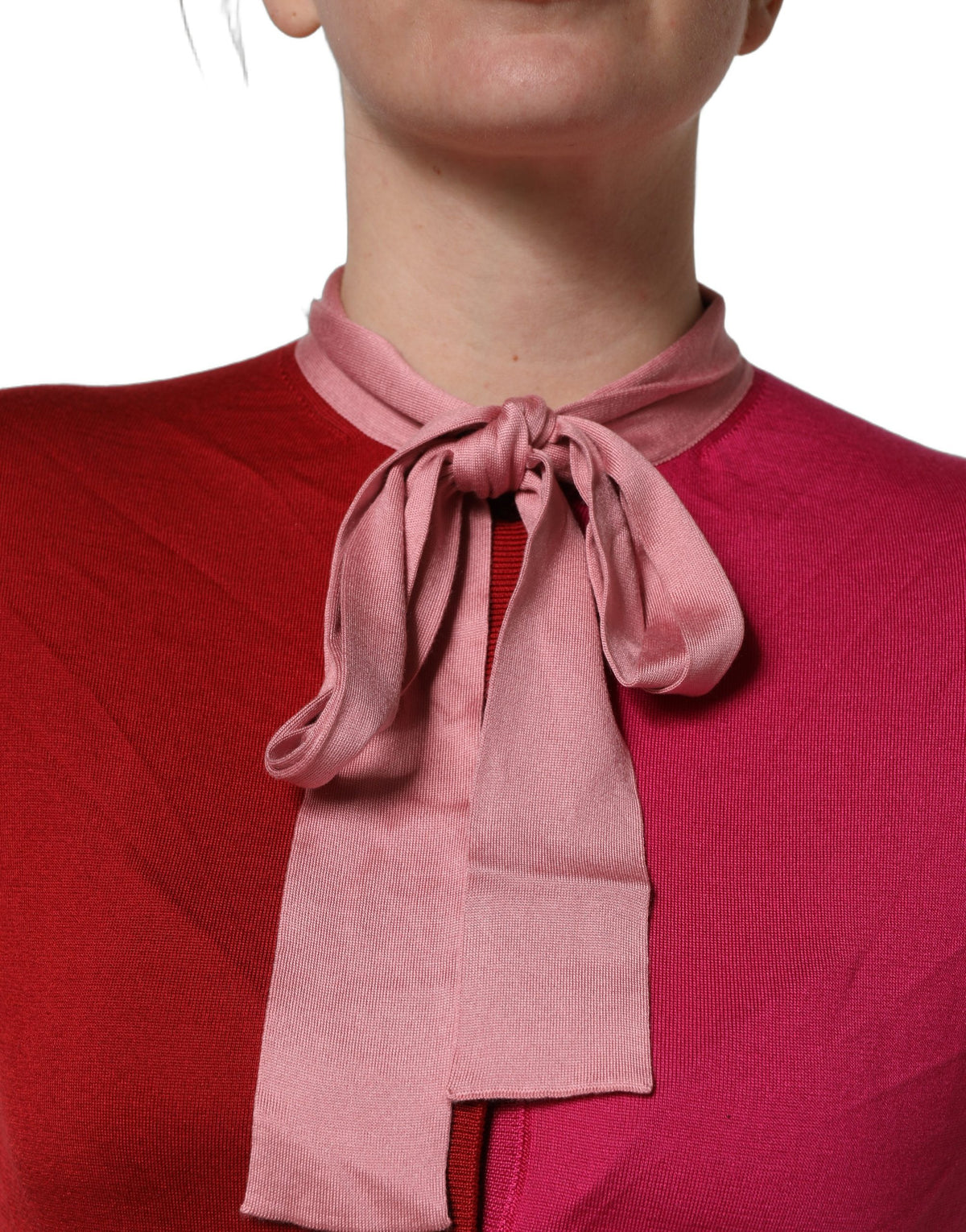 Pink Short Sleeves Buttoned Ascot Collar Top
