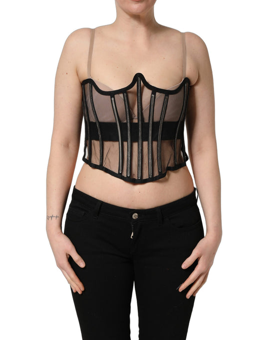 Black Sheer Tulle Bodysuit Cropped Corset Top