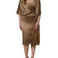 Bronze Toned Satin Fringe Hemmed Shawl Midi Dress