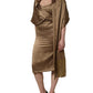 Bronze Toned Satin Fringe Hemmed Shawl Midi Dress