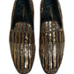 Gold Striped Sequin Embellished Loafer Shoes