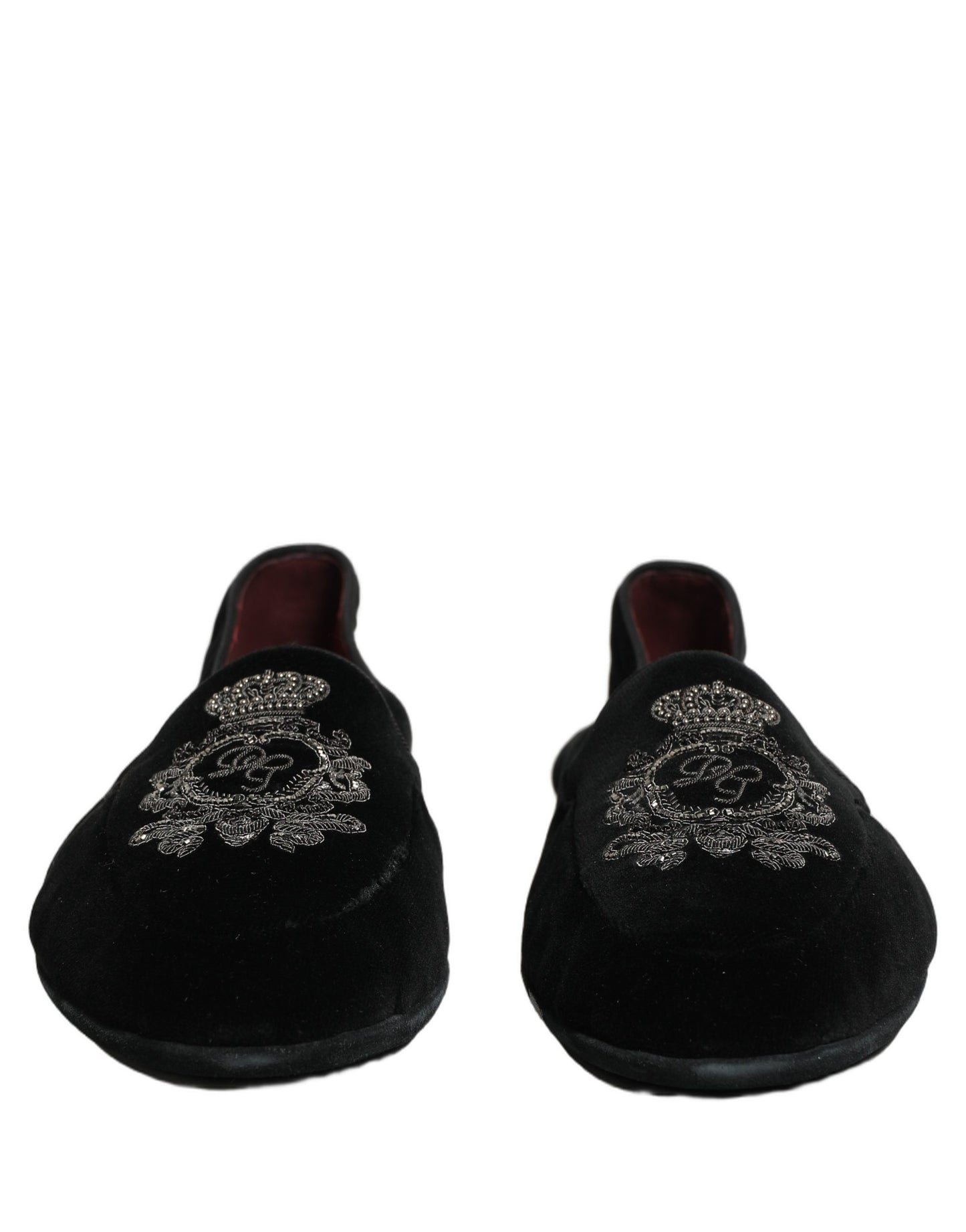 Black Velvet Crown Embroidery Loafers Shoes