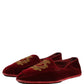 Maroon Velvet Crown Embroidery Loafers Shoes