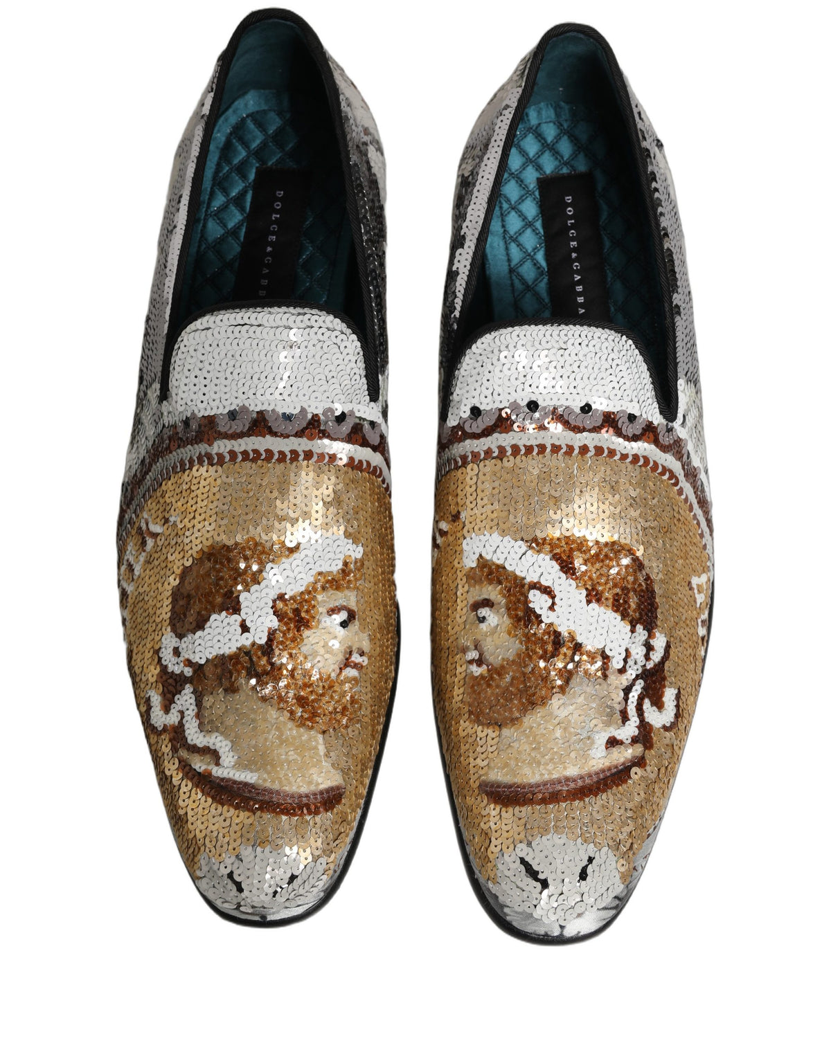 White Gold Sequined Slip On Loafers Shoes
