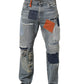 Blue Distressed Patchwork StraightDenim Jeans