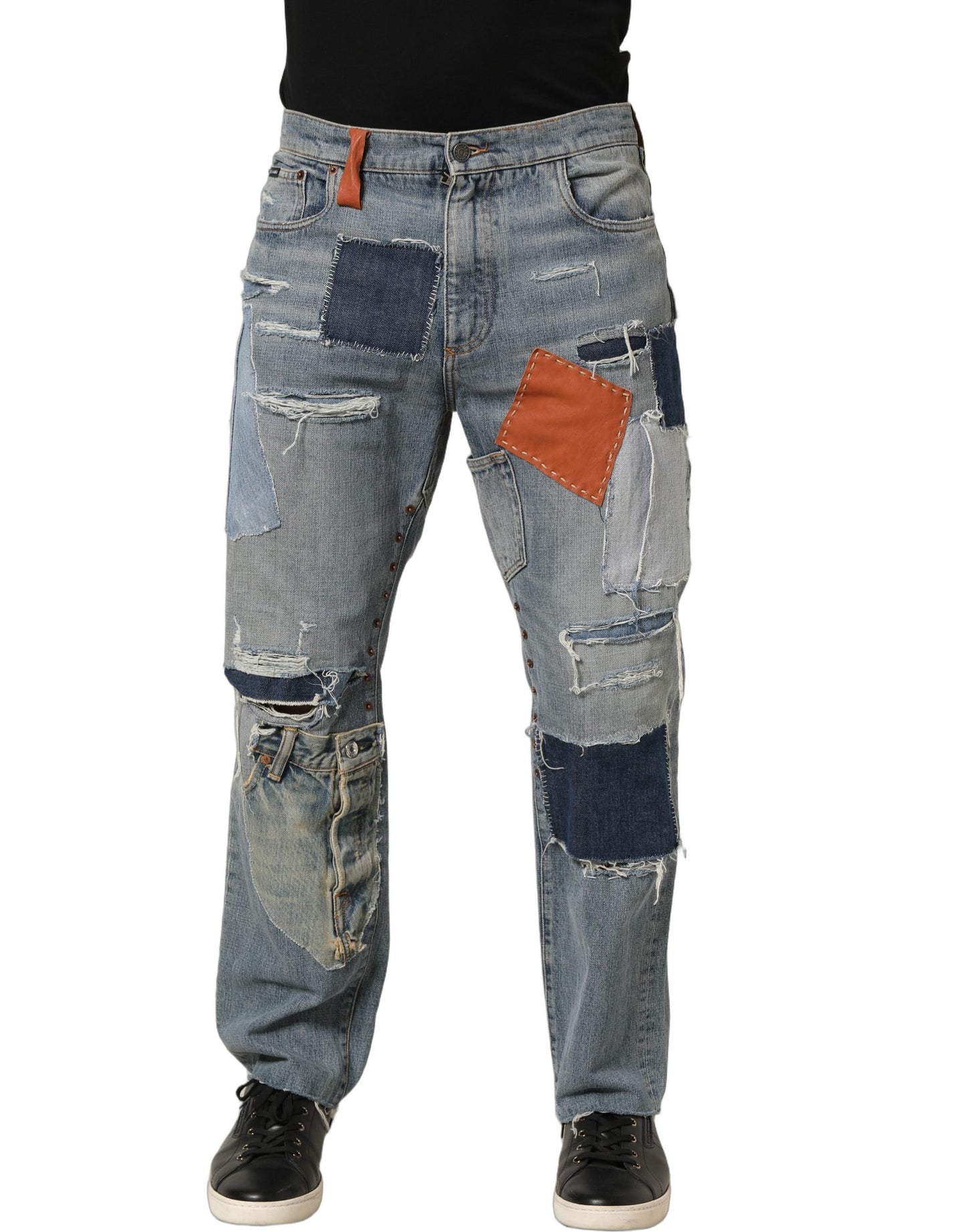 Blue Distressed Patchwork StraightDenim Jeans
