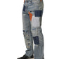 Blue Distressed Patchwork StraightDenim Jeans
