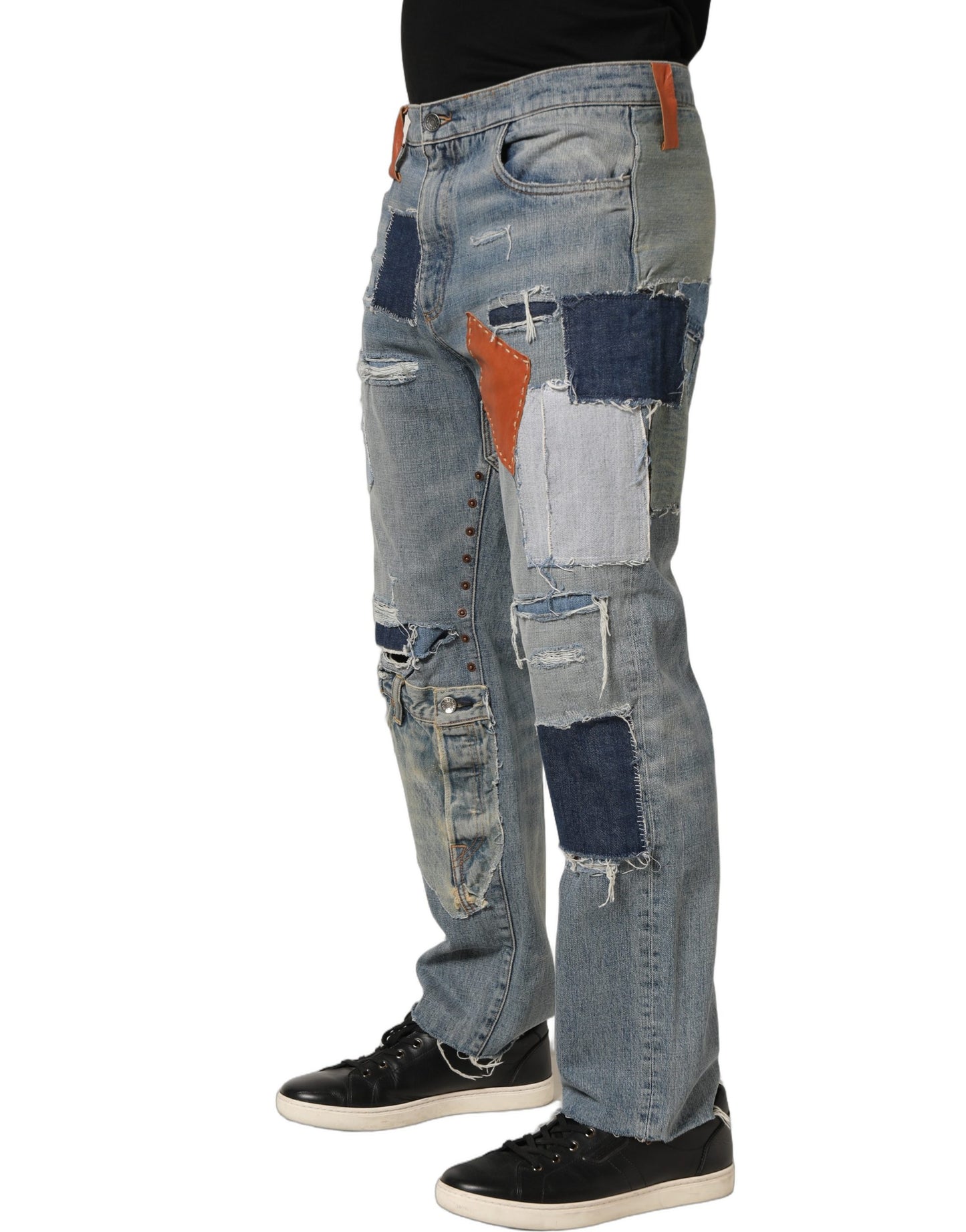 Blue Distressed Patchwork StraightDenim Jeans