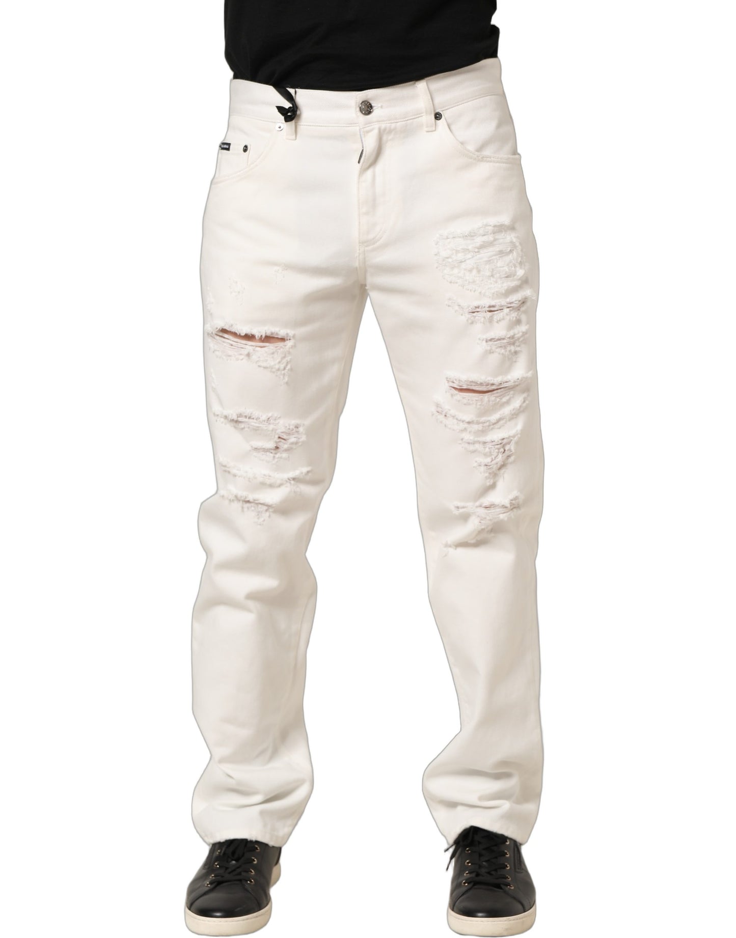 White Cotton Distressed Straight Denim Jeans