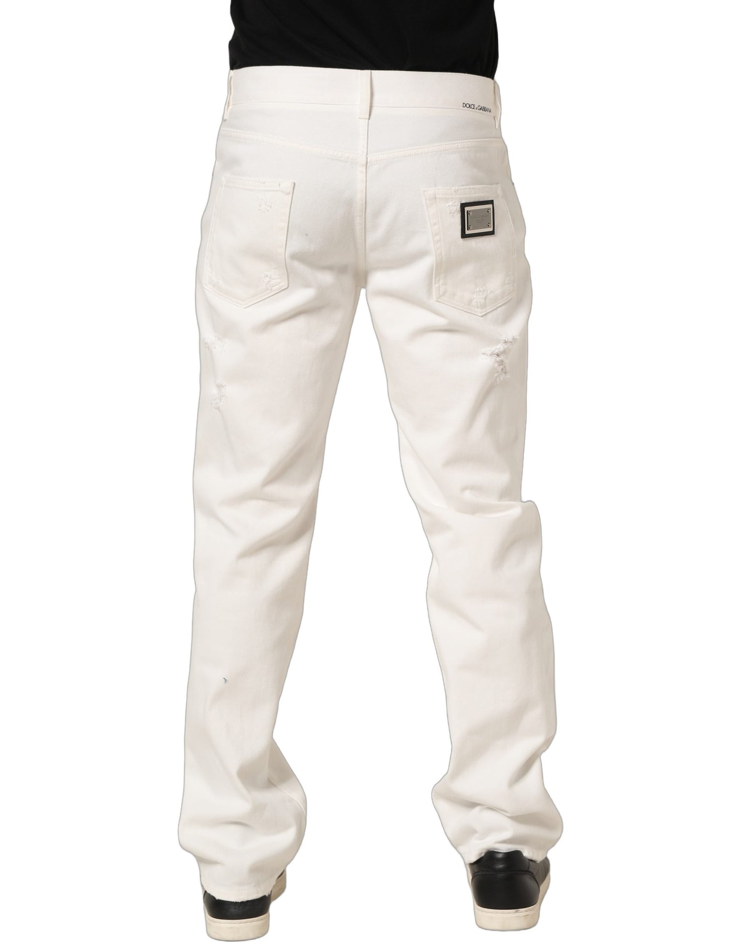 White Cotton Distressed Straight Denim Jeans