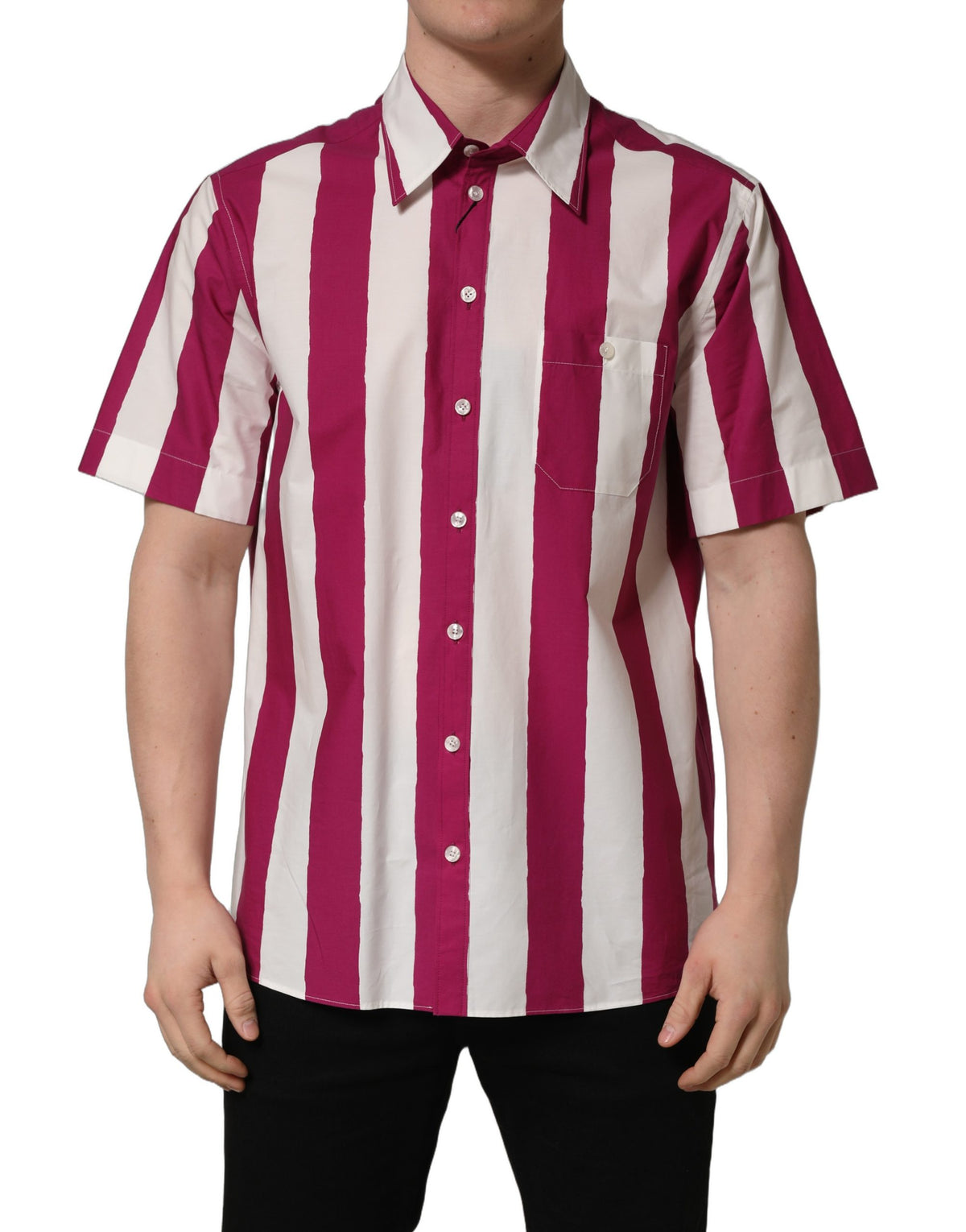 White Maroon Striped Men Short Sleeves Shirt