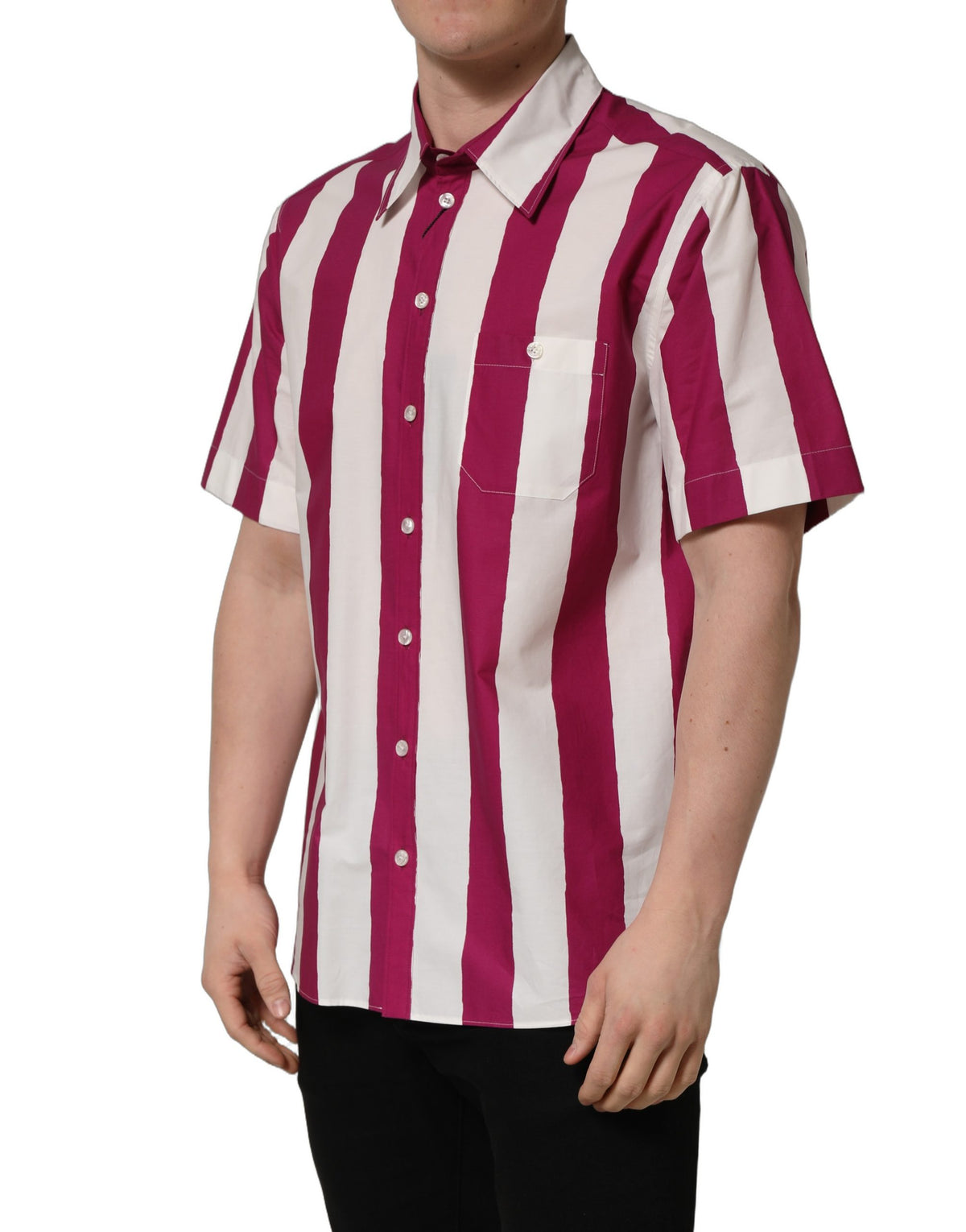 White Maroon Striped Men Short Sleeves Shirt