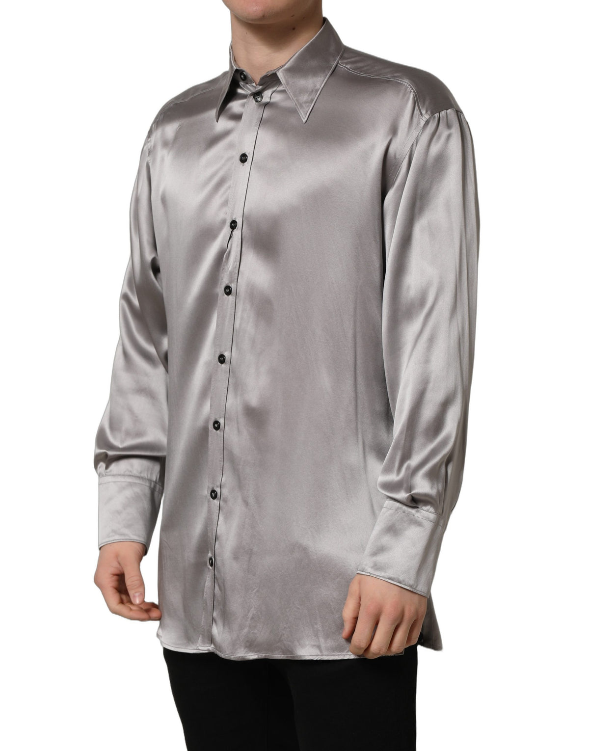 Metallic Grey Satin Silk Formal Dress Shirt