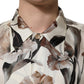 Beige Tulip Print Silk Short Sleeves Shirt