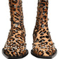 Brown Leopard Embellished Mid Calf Men Boots Shoes