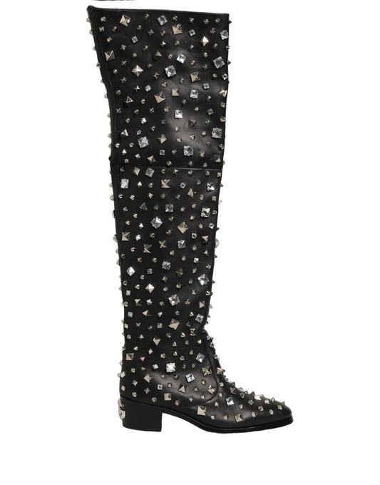 Black Crystal Embellished High Boots Shoes