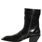 Black Leather DG Plaque Mid Calf Boots Shoes