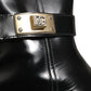 Black Leather Logo Buckle Mid Calf Boots Shoes