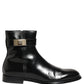 Black Leather Logo Buckle Mid Calf Boots Shoes