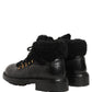 Black Trekking Fur Lace Leather Boots Shoes