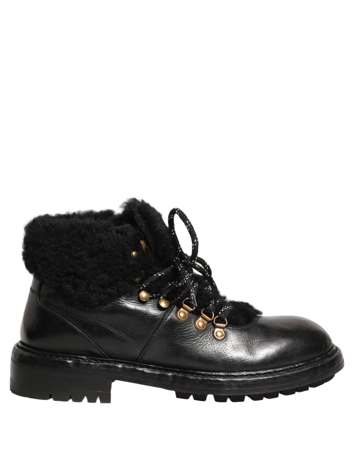 Black Trekking Fur Lace Leather Boots Shoes