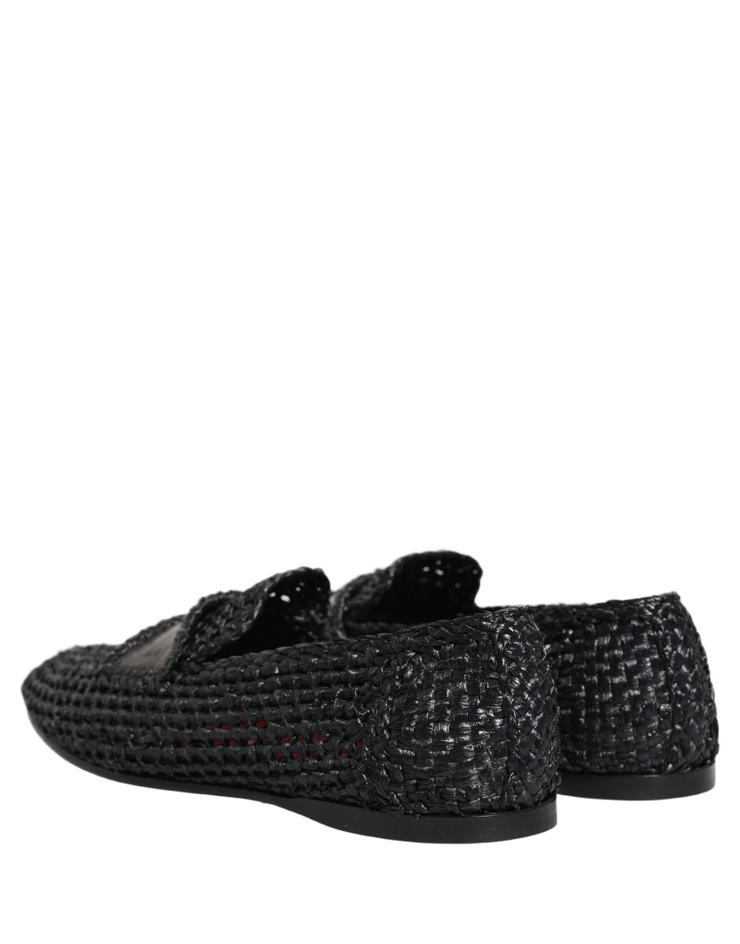 Black Woven Raffia Slip On Loafers Shoes