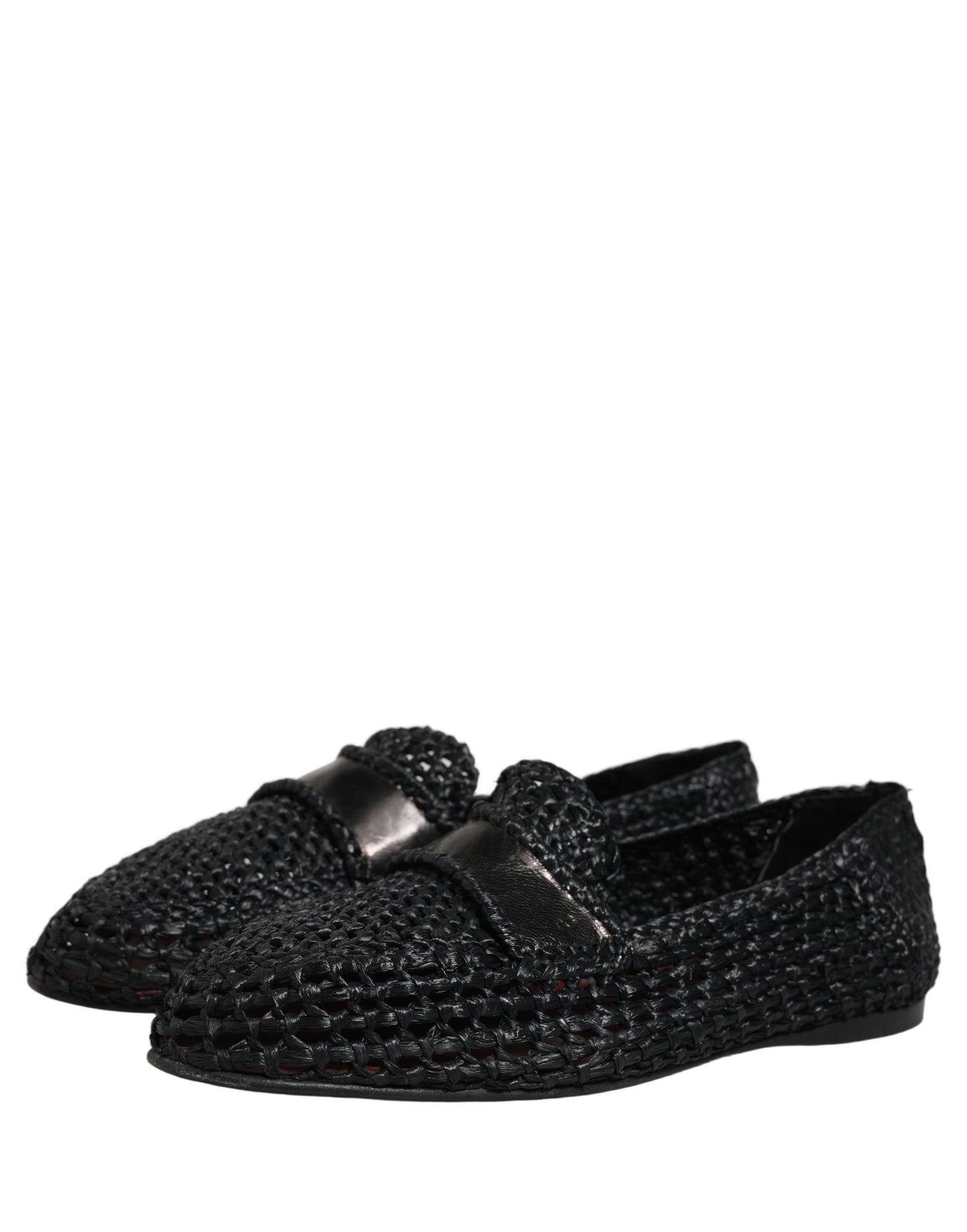 Black Woven Leather Slip On Loafers Men Shoes