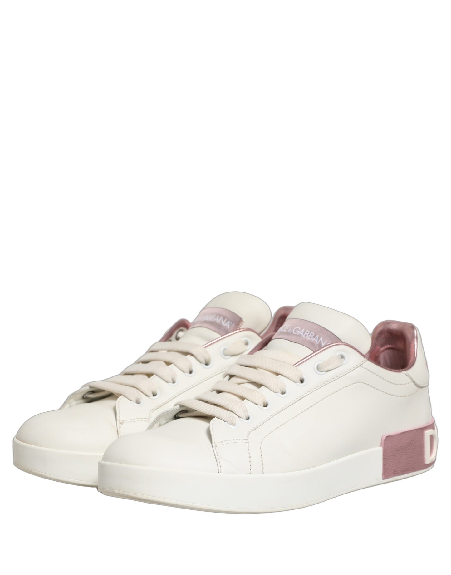 White Pink Leather Low Top Sneakers Shoes