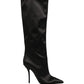 Black Satin Knee High Stiletto Boots Shoes