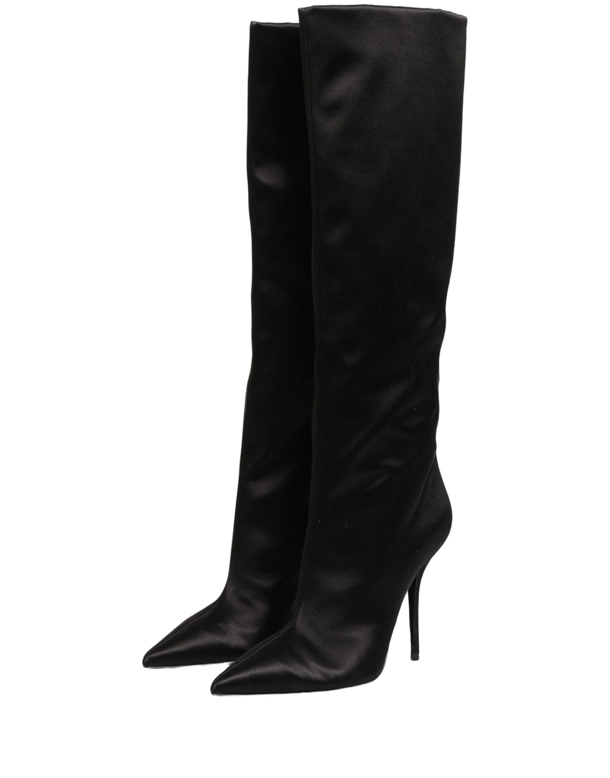 Black Satin Knee High Stiletto Boots Shoes