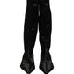 Black Satin Knee High Kitten Boots Shoes