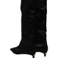 Black Satin Knee High Kitten Boots Shoes