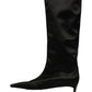 Black Satin Knee High Kitten Boots Shoes