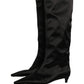Black Satin Knee High Kitten Boots Shoes