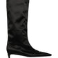 Black Satin Knee High Kitten Boots Shoes