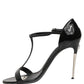 Black Leather T-strap Heels Sandals Shoes
