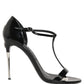 Black Leather T-strap Heels Sandals Shoes