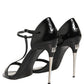 Black Leather T-strap Heels Sandals Shoes