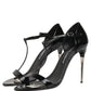 Black Leather T-strap Heels Sandals Shoes