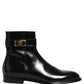 Black Leather Logo Buckle Mid Calf Boots Shoes