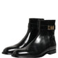 Black Leather Logo Buckle Mid Calf Boots Shoes