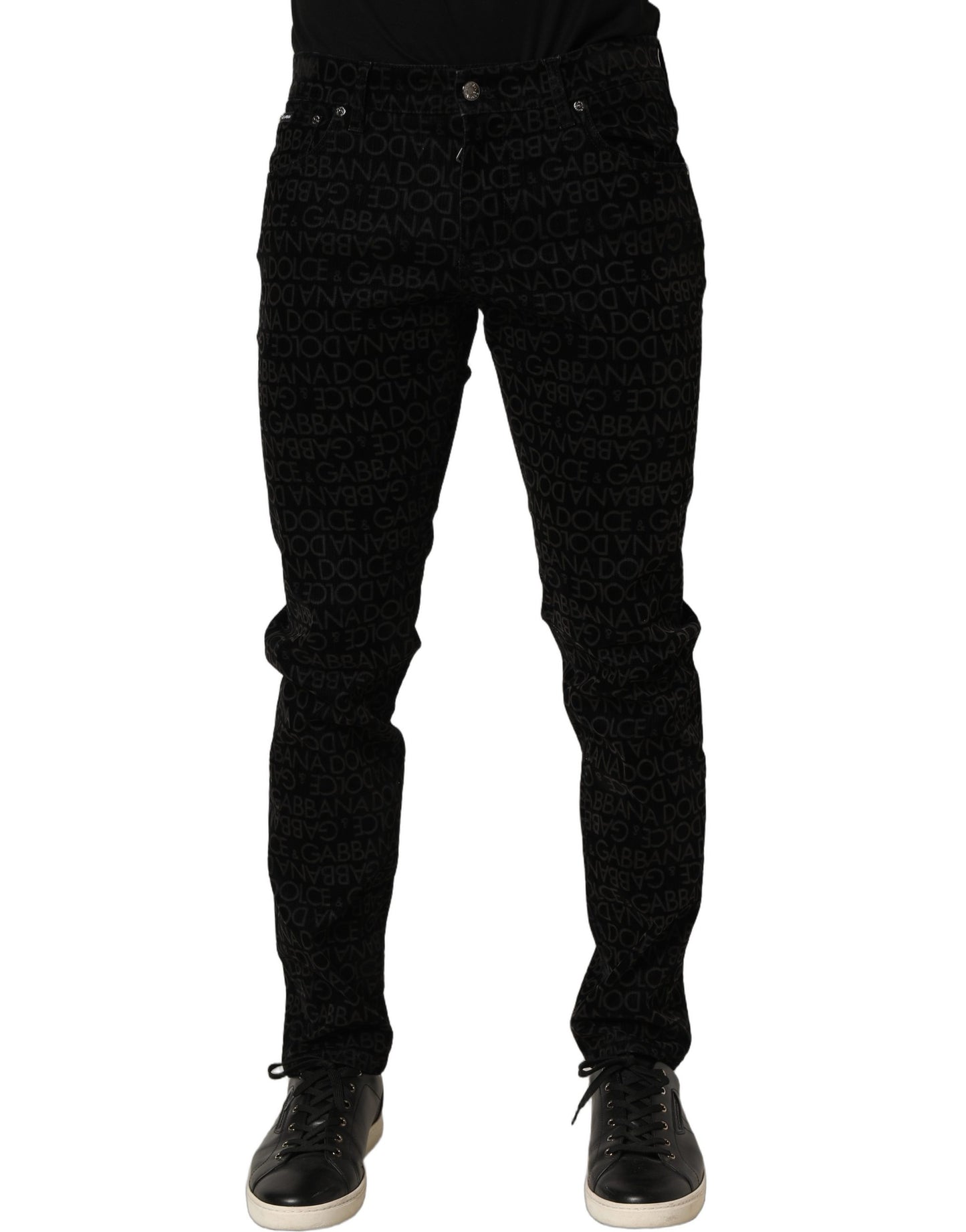 Black Logo Monogram Cotton Slim Denim Jeans