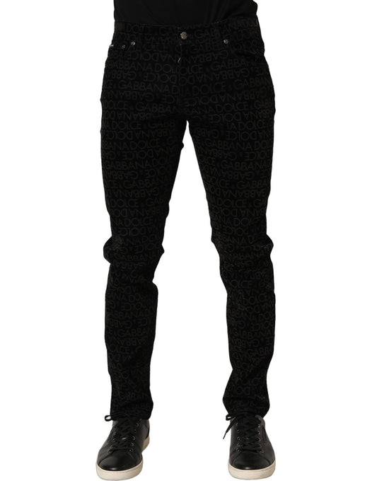Black Logo Monogram Cotton Slim Denim Jeans